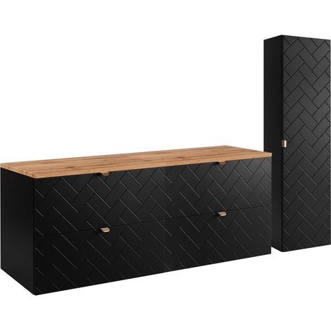 Furnidea - Ensemble un meuble sous vasque 160 cm avec le plan CHÊNE et une colonne 35/136 cm à suspendre MADIS NOIR - façades motif chevron (1/5)