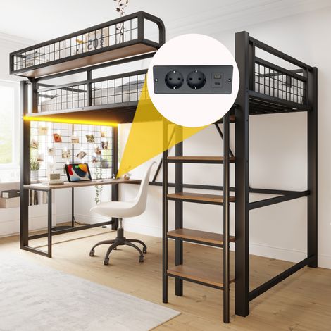 Lit superposé en métal 90x200 cm avec bureau rangement filet panier suspendu, Lit Mezzanine avec LED prise, échelle barrière sécurité, noir sans matelas (1/5)