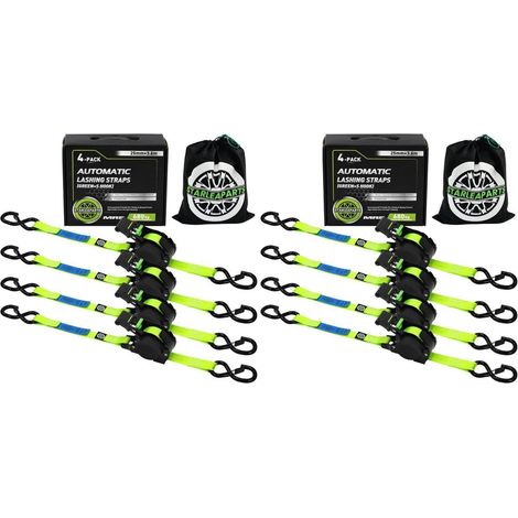 Lot de 4 sangles de serrage automatiques 3,6m avec crochets en S, charge de rupture 680kg, Vert