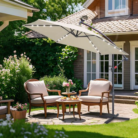 Jiubiaz Sonnenschirm 3m Creme mit LED – Gartenschirm für Terrasse & stimmungsvolle Sommerabende
