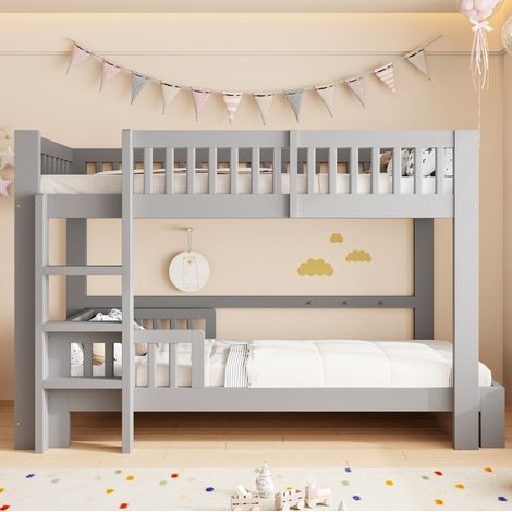 Lit superposé enfant modulable 90 x 200 cm avec lit simple, barrières de sécurité et sommier à lattes en bois gris, configurations en L ou séparées - CHICFURN (1/5)