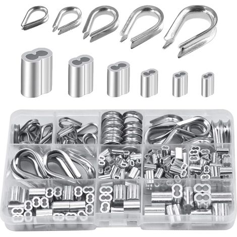 Pack of 250 aluminum wire rope lugs in 6 different sizes - Assortment of double barrel sleeves and 5 sized lugs for wire rope (1/5)