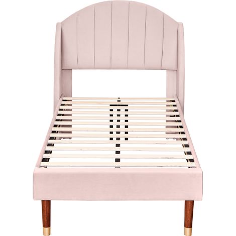 Letto imbottito 90x200 cm con rete a doghe e testiera in velluto rosa (1/5)