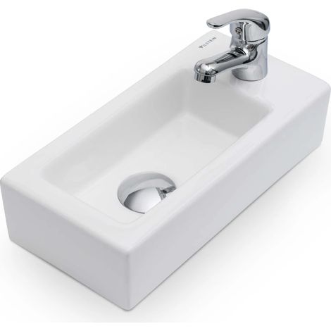 Vilstein Waschbecken Aufsatzwaschbecken Hängewaschbecken Keramik, 36x18x9cm, Armatur Rechts
