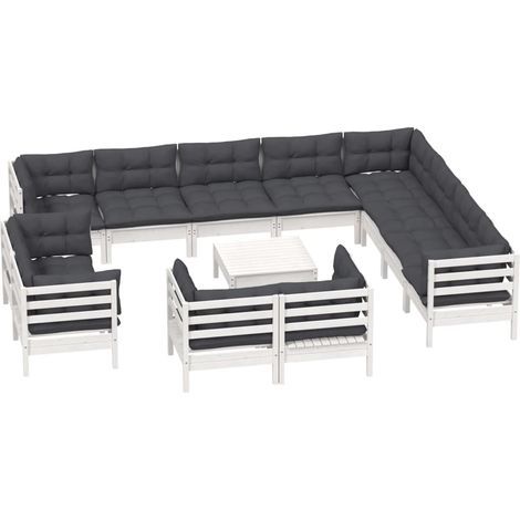 vidaXL Set Divani da Giardino 13 pz con Cuscini Bianchi Legno di Pino (1/4)