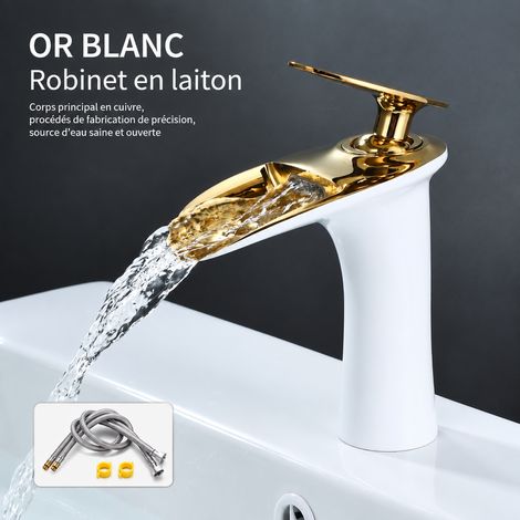 Mitigeur Lavabo Laiton modèle bas cascade blanc et doré sans tuyaux d'arrivée d'eau Robinet Salle de Bain Monotrou Eau Chaude et Froide – Livraison gratuite