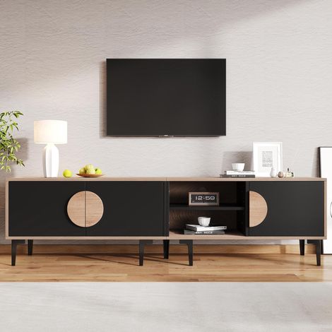 Meuble TV bas, 180x35x49 cm, meuble TV de salon, meuble TV avec deux étagères, panneau TV ouvert, bois et noir, convient pour un téléviseur de 80 pouces. (1/5)