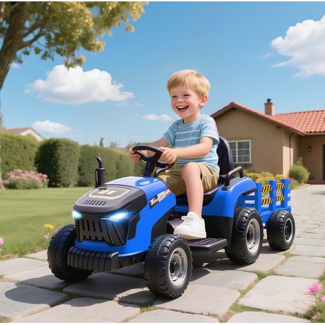 CHICFURN Tractor eléctrico infantil 139 x 58 x 55 cm azul con remolque y mando a distancia (1/5)