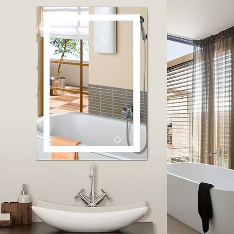 Skecten – Miroir lumineux de salle de bain LED 80x60cm – Interrupteur tactile – IP67 étanche – 22W blanc froid 6500K – Montage mural pour maquillage (1/8)