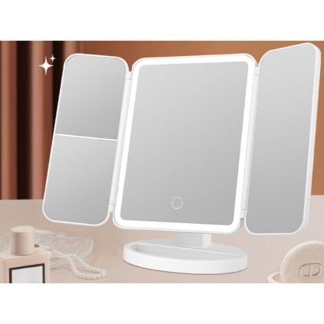 Miroir de maquillage lumineux pliable avec grossissement 2x et 3x, rotation à 180°, alimentation USB, commande tactile et réglage de la luminosité (lumière blanche) (1/5)