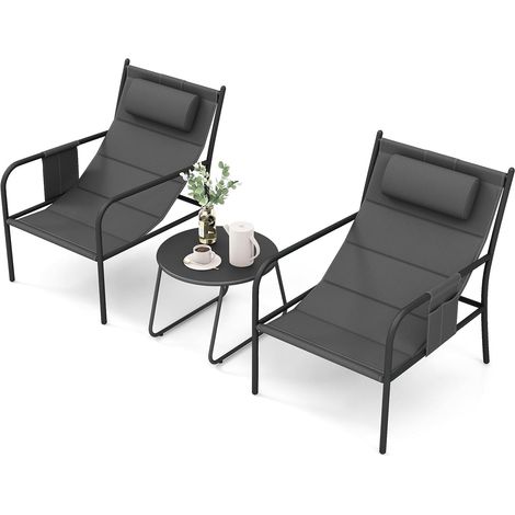GOPLUS Ensemble Bistro de Patio 3 Pièces, Table et Chaises d'Extérieur avec Sac de Rangement, Siège Rembourré, Coussin de Tête, Cadre Métallique, pour Jardin, Balcon, Terrasse, Porche, Gris (1/5)