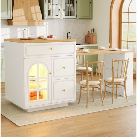 Isla de cocina extensible 122,5-195,5 cm con cajones y LED RGB, blanco OKMYHOME