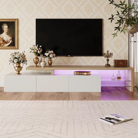 Meuble TV 200 cm blanc et bois avec Éclairage LED multicolore Rangement avec étagères en verre Dimensions 200x39x42 cm
