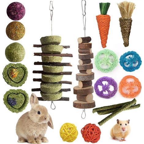 Jouets de mastication - PZCC - 16 pièces - Bois naturel - Pour petits rongeurs - Soins dentaires (1/4)