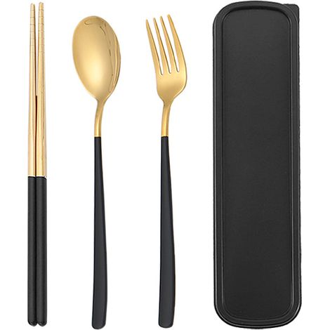 Set di posate in acciaio inox con scatola portaoggetti, pratico da viaggio, composto da forchetta, cucchiaio e bacchette riutilizzabili, ideale per ufficio, scuola, viaggi, campeggio, picnic e per l'u