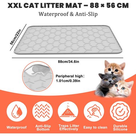 Tapis de Litière pour Chat XXL 88x56 cm Étanche en Silicone Antidérapant Tapis pour Bac à Litière Design Tapis d'Alimentation pour Animaux