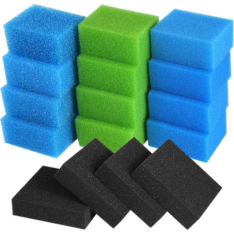 Lot de 16 éponges filtrantes pour aquarium compatibles avec Juwel Compact/Bioflow 3 m, filtres d'aquarium (bleu grossier/fin, vert biologique, charbon actif), réduction des nitrates, eau douce et (1/5)