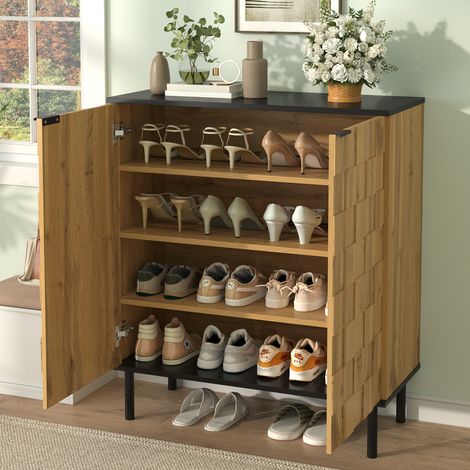 Meuble à chaussures 80x35x91,5 cm 2 portes design mosaïque, étagères réglables, pieds métal, aspect bois, naturel
