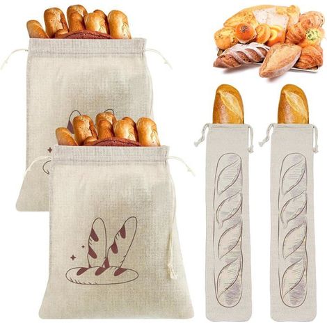 Lot de 4 sacs à pain longue conservation, en lin avec cordon de serrage, réutilisables, dimensions 31 x 38 cm / 64 x 16 cm