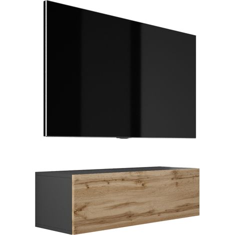 Meuble TV Suspendu, 100 × 34 × 32 cm, Noir Mat / Chêne Wotan (1/5)