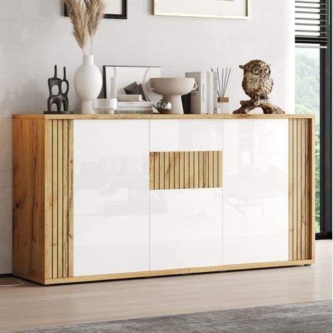 Aparador moderno (140x35x71 cm), con 3 puertas push to open, 6 compartimentos, MDF y aglomerado, blanco y natural (1/5)