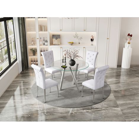 Ensemble de salle à manger avec table ronde en bois extensible et 6 chaises de salle à manger blanches, ensemble de cuisine gain de place en similicuir avec capitonnage à boutons et pieds en métal pou