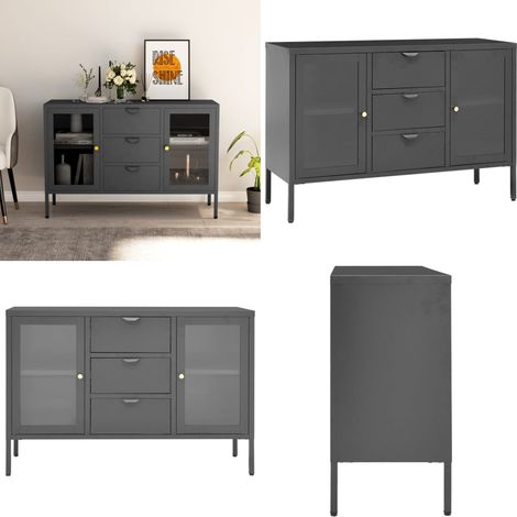 Buffet Anthracite 105x35x70 cm Acier et verre trempé - Buffet - Meuble De Rangement - Buffet Moderne - Buffet Industriel - Meuble En Acier - Home & Living
