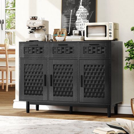 Buffet Placard 3 Portes, 3 tiroirs, motif de tressage de rotin simulé, 108×40×80 cm, anti-basculement, pour Cuisine, Salon, Noir (1/5)