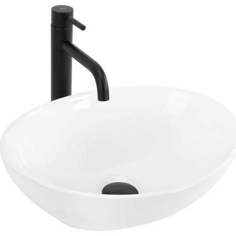 REA – Vasque à poser 410x345mm – Céramique sanitaire blanche – Montage facile sur meuble – Sans trou de robinet ni débordement (1/5)