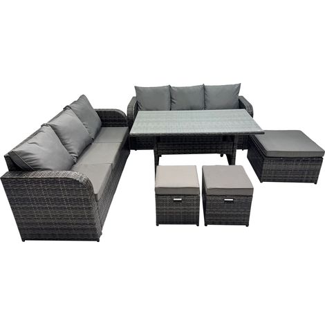 Fimous 9 Seat Outdoor Wicker PE Rattan Garden Furniture Set Dining Table Sofa Set with 3 Stools Dark Grey Mixed (1/5)