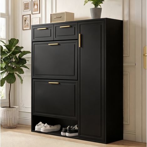 MEUBLIV Meuble à chaussures noir 95x24x107,5 cm avec rangements modulables (1/4)