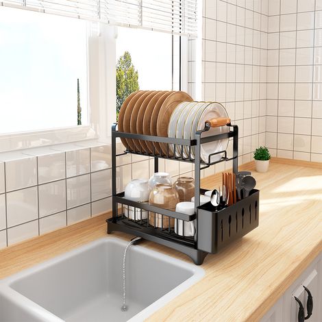 Sifree – Égouttoir à vaisselle double niveau en acier au carbone – Rangement vertical pour assiettes et couverts – Drainage rapide – 36 x 26 x 37,5 cm (1/5)
