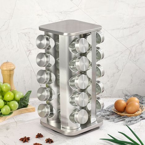 Étagère à épices Rotative à 360°, Etagère à épice de Cuisine rotative en Acier Inoxydable 430 de qualité Alimentaire, Pot à épices en Verre, (Coin carré et Rond Argent, 20 Bouteilles)