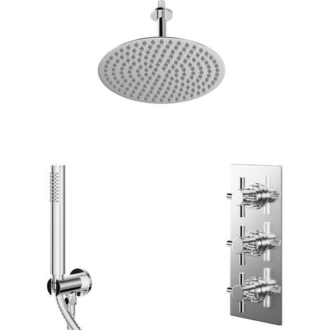 Cross Polished Chrome Concealed Triple Thermostatic Shower Valve and 300mm Round Head with 150mm Ceiling Arm and Outlet Holder with Kit - 2 Outlet (1/5)
