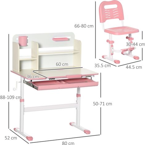 Conjunto de escritorio y silla infantil ajustable, mesa infantil inclinable 60° con cajón, estantes y portalápices, para mayores de 3 años, color rosa.