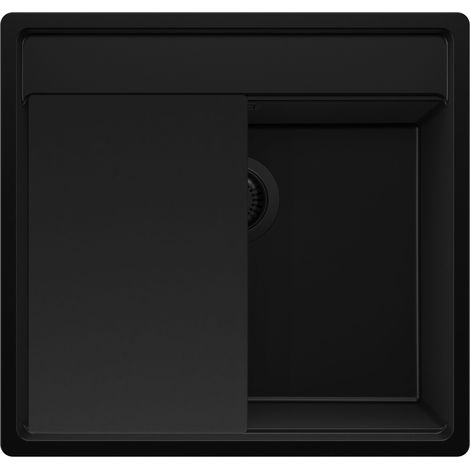 PRIMAGRAN Evier Cuisine en Granit 56x53cm,Lavabo 1 bac + Kit de Vidage + Planche à Découper, Évier à Encastrer au meuble 60cm - Bergen, Tout Noir (1/5)