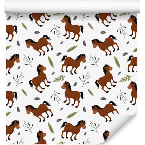 Papier peint à motifs de chevaux blancs, gris clair et orange pour salon et chambre 50x1000 (1/5)