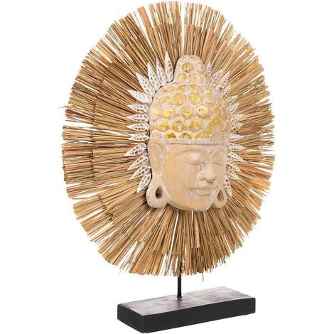 Masque bouddha en bois et fibres naturelles décoration zen - Naturel bois clair et blanc (1/5)