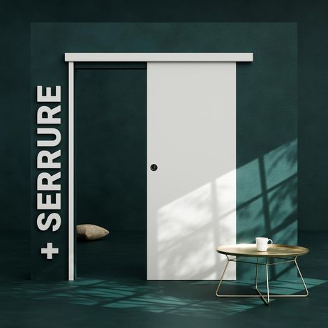 Porte Coulissante avec Rail + Serrure - Prépeinte Plane 83 cm (1/4)