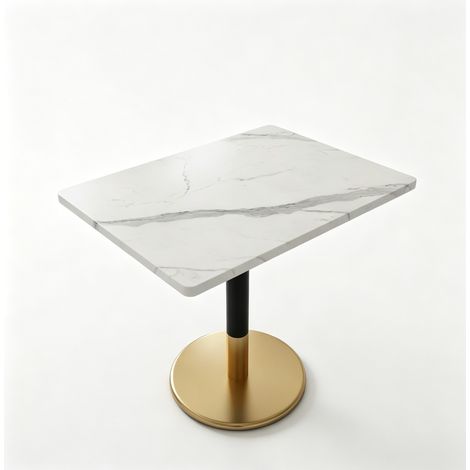 Mesa de comedor rectangular para 2 personas de MDF efecto mármol blanco, metal negro y base dorada (1/5)