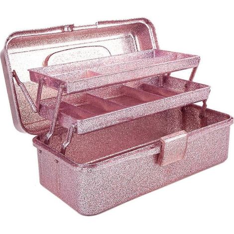 Boîte de rangement rose pailleté pour outils de loisirs créatifs, boîte de transport empilable à 3 niveaux (1/5)