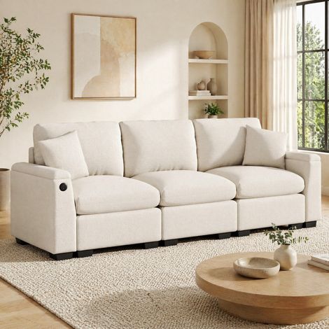 Divano 3 posti in ciniglia beige con tavolino ribaltabile, USB e portabicchieri OKWISH (1/5)