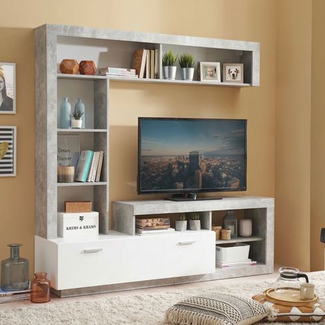 Pared equipada Moggio, mueble de salón 7 estantes, una puerta, conjunto modular, blanco (1/5)