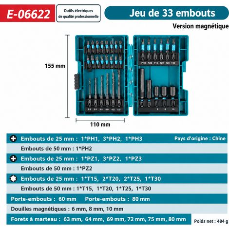 Coffret 33 pièces embouts forets et douilles magnétiques E-06622 longueur 50 6,35 mm spécification autre 25 × 25 × 10 cm 900 g – Livraison gratuite