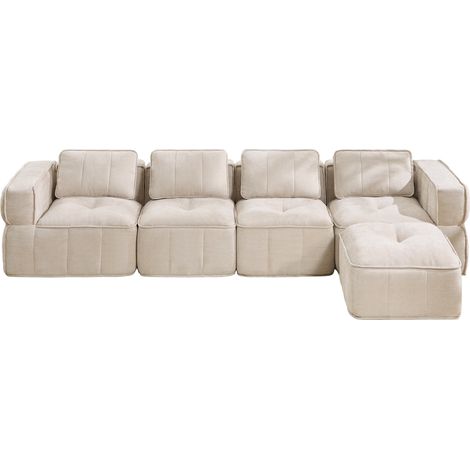 Canapé modulable d'angle 4 places sans cadre avec pouf, assise profonde en tissu beige, rembourrage 32D haute densité, pour salon moderne  CHICFURN (1/5)