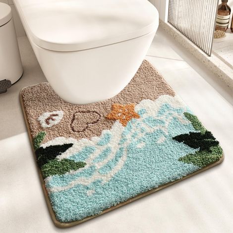 Tapis de toilette en forme de U sur le thème de la plage, tapis de bain côtier antidérapant avec motif vagues et empreintes de pieds, en microfibre douce et absorbante, lavable en machine (1/5)