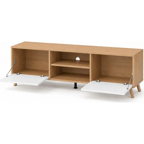 Mobile TV Design Scandinavo Con 2 Ante Battenti Ripiani Centrali Aperti Per Televisori Fino A 75 Pollici Per Salotto E Zona Living 180 X 39,6 X 49 Cm Bianco E Rovere (1/5)