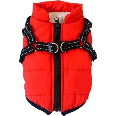 Manteau imperméable pour chien avec harnais réglable et doublure épaisse réfléchissante – Rouge, taille S (1/4)