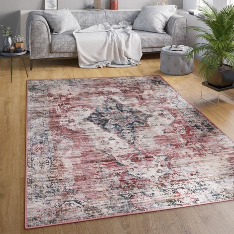 Paco Home Teppich Wohnzimmer Flachgewebe Orient Marokkanisch Ornamente Vintage Waschbar 80x150 cm, Rot