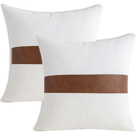 Lot de 2 housses de coussin carrées en patchwork de coton noir et similicuir, décoration moderne 45 x 45 cm (1/4)